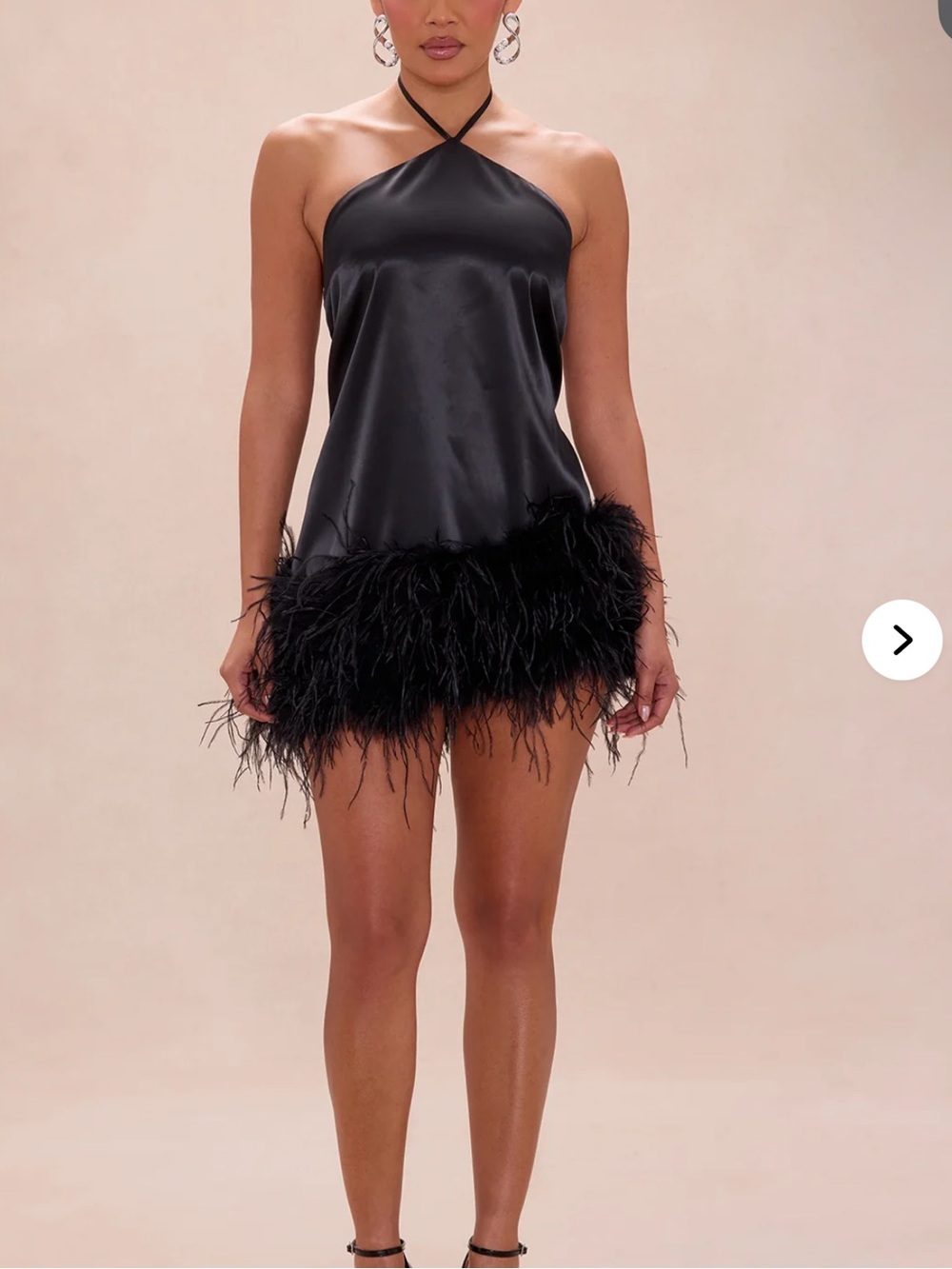 Fashion Nova Black Feather-Hem Halter Mini Dress